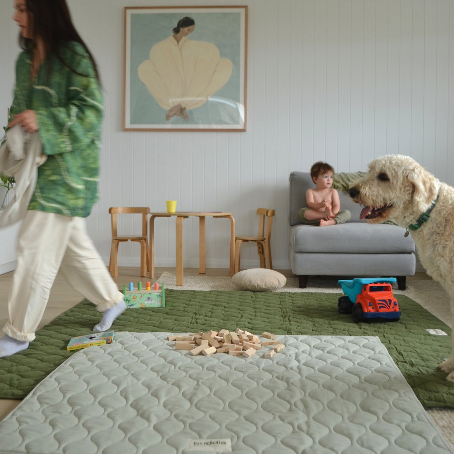Soft quilted play mat. Made with hemp - a great, and more sustainable alternative to linen. Floor play mat.