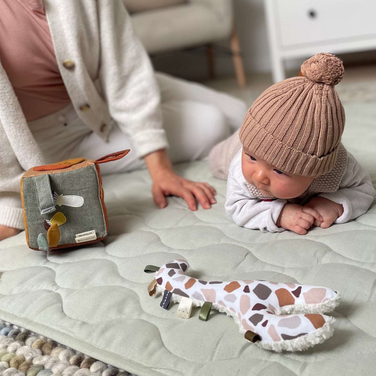 Tummy time activity mat, nursery floor mat. Quilted play mat for baby nursery or kids play room.